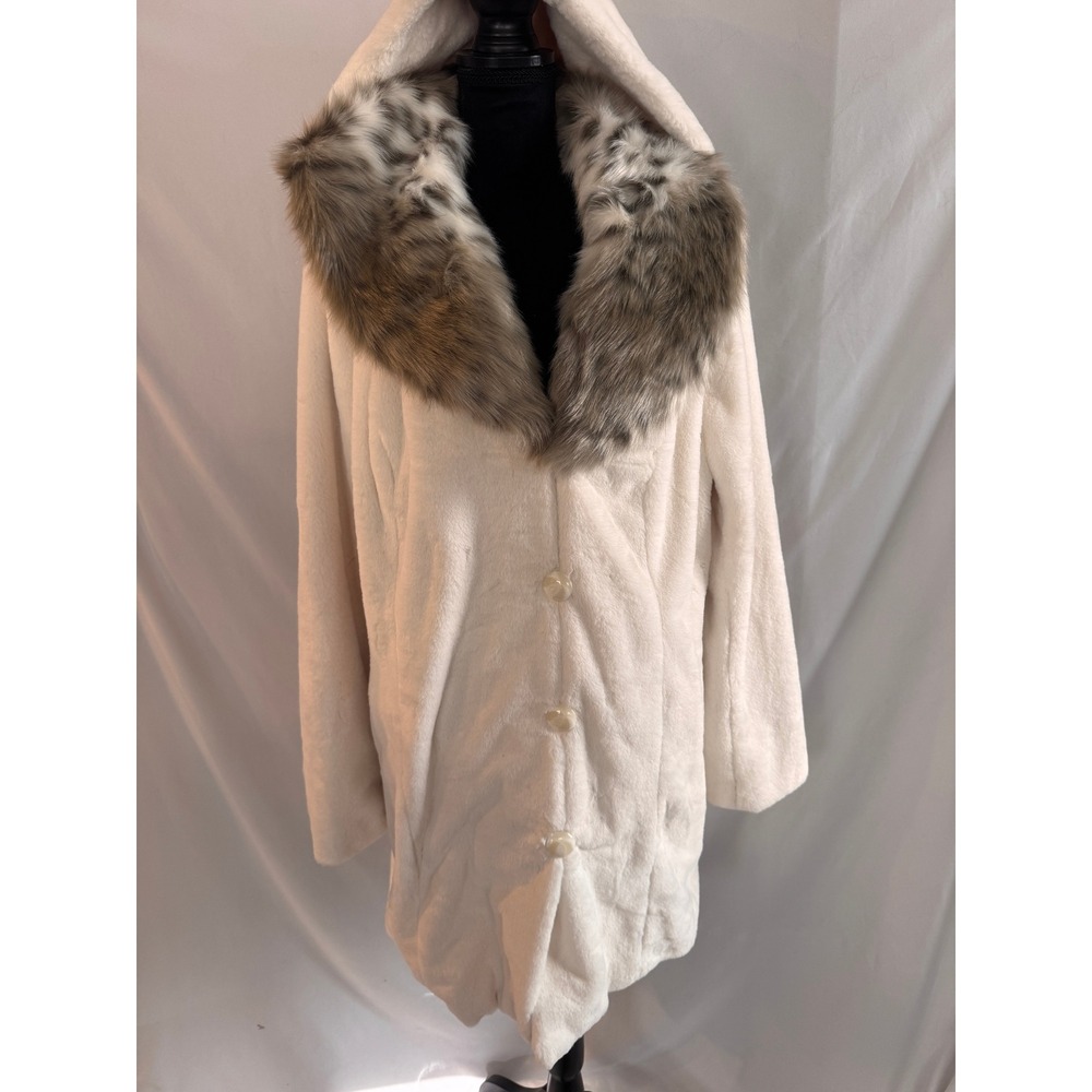 Dennis Basso Gold Faux Fur Hooded Coat Cream White Animal Print Trim 1X